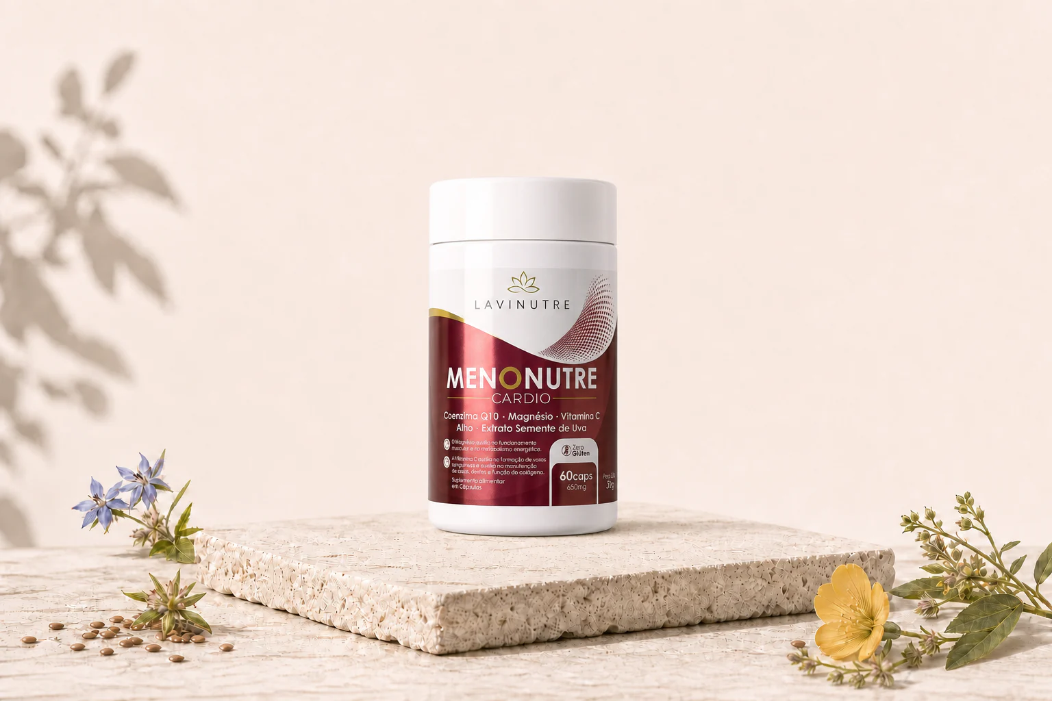 Produto Menonutre Cardio em composição editorial para saúde cardiovascular