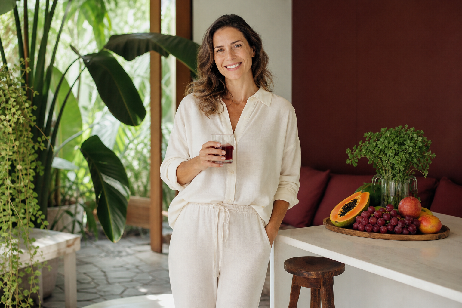 Mulher brasileira 40+ inteira, sorrindo de forma natural, em ambiente iluminado e acolhedor, com roupas leves e aparência saudável e real, representando cuidado com bem-estar intestinal.